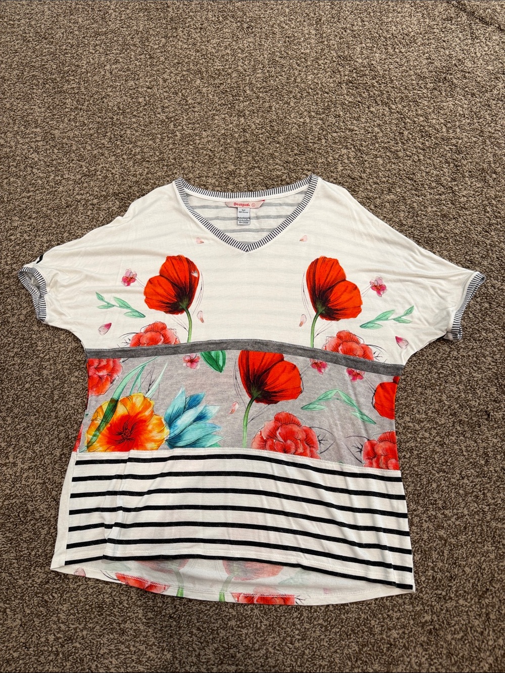 Desigual Floral Stripe V-Neck Women’s Top - White with Red Floral, size XL